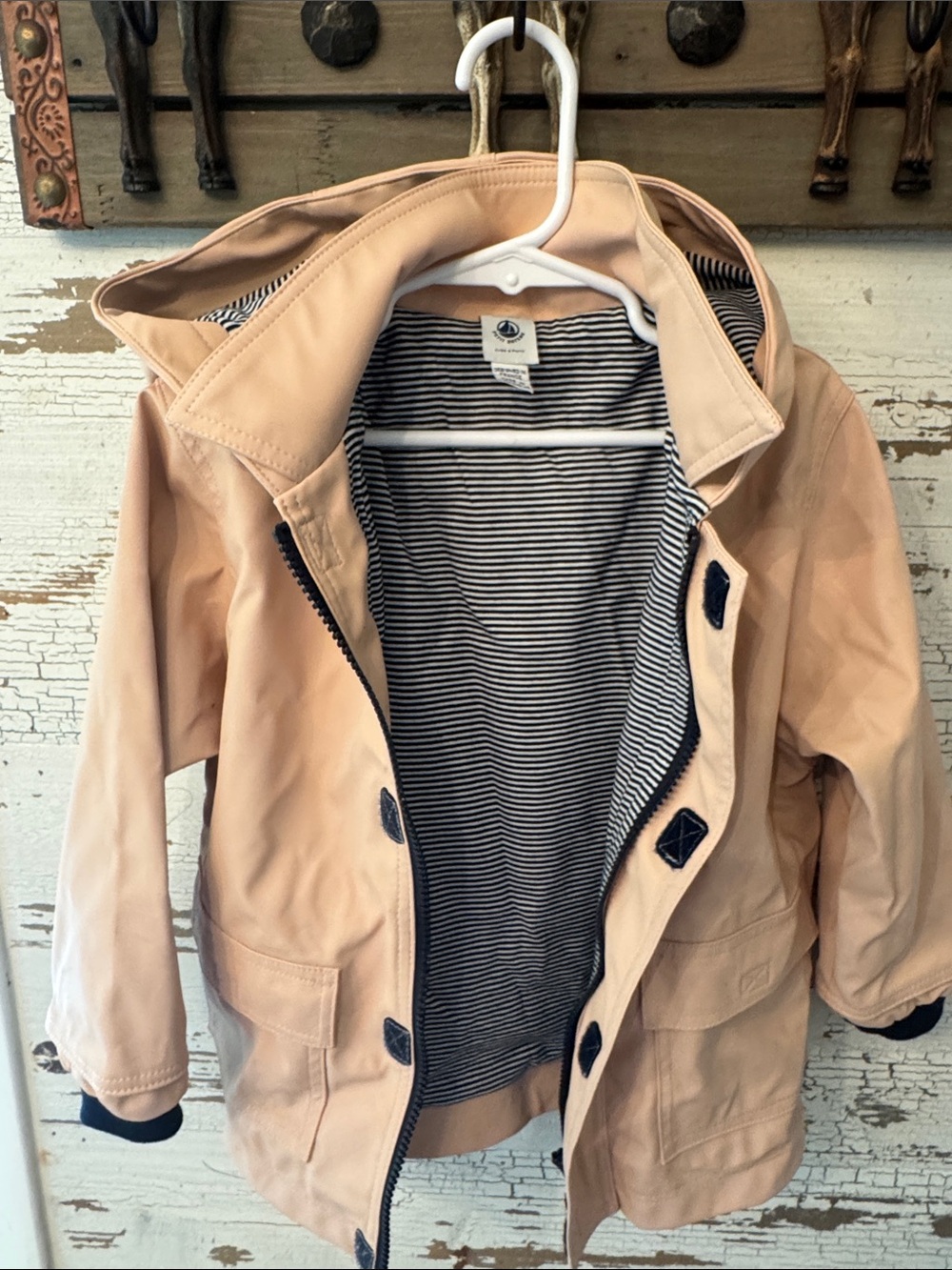 Petit Bateau Blush Pink Hooded Kids' Raincoat with Striped Lining